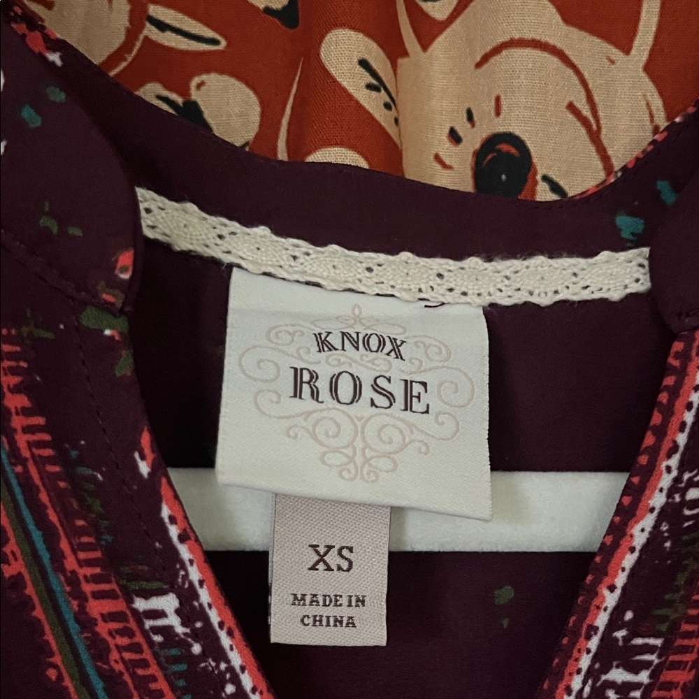 KNOX ROSE Burgundy Floral Boho Tunic Polyester Blouse Size XS - Picture 3 of 8